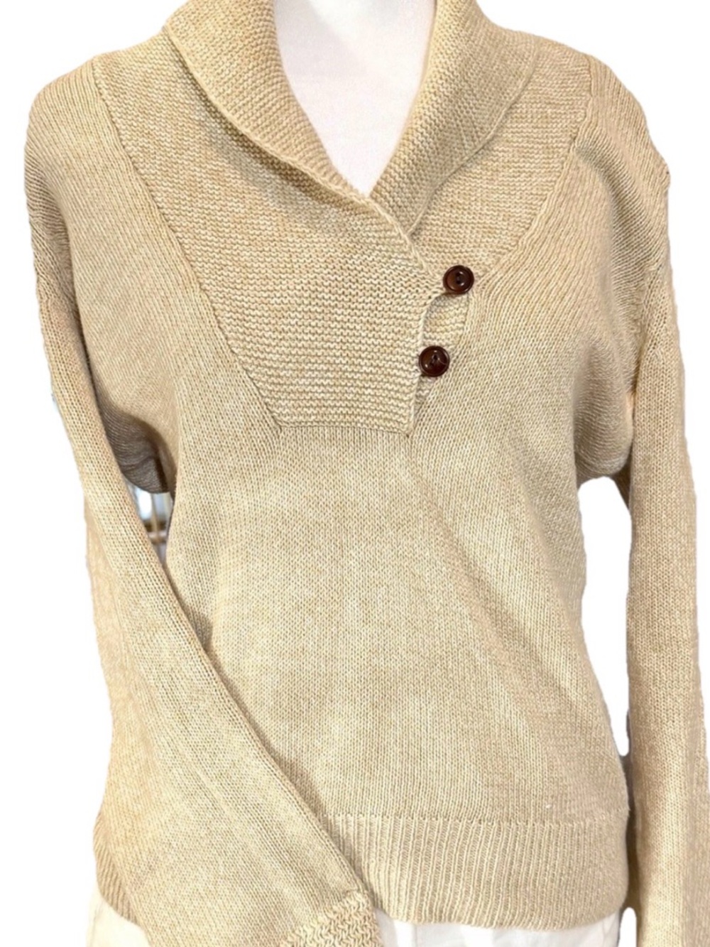 Lauren Ralph Lauren OLD MONEY Honey Beige 100% Cotton Shawl Collar Sweater XS/S